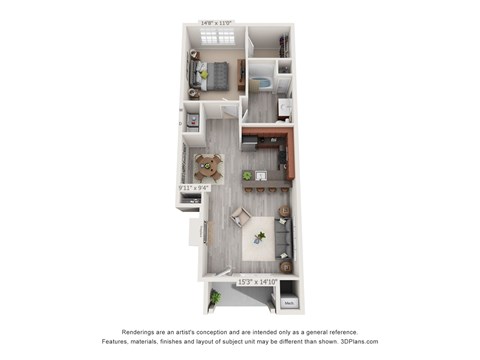 Floor plan for 1 bed, 1 bath, 925 sqft